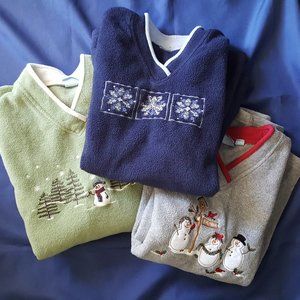 Christmas Fleece LS tops LOT 3 Blue Snowflake Grey Snowpeople Green Snowperson
